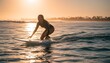 © antuanetto - Young female surfer paddling her board through ocean waves at sunset for an adventurous outdoor lifestyle concept featuring strong women and fitness in a tropical setting