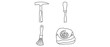 © M - Paleontology and Archaeology Tools Editable Stroke Vector Icon Set featuring 4 Minimalist Line Icons: Geological Hammer, Chisel, Dusting Brush, and Ammonite Fossil for Science and Research.