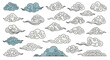 © Ethan - Set of traditional oriental style clouds in shades of blue, gray, and white with swirling curly patterns.