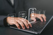 © Nirusmee - Businessman working on laptop with virtual document icons, representing compliance, quality assurance, online certification, digital transformation, and paperless document management.