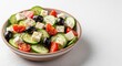 © yuwaree - Fresh Mediterranean salad featuring crisp cucumbers, ripe red tomatoes, briny olives, and creamy feta cheese crumbles in a rustic bowl, appetizer, healthy, lunch