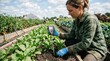 © Margarita Ratatosk - Woman farmer testing soil quality with digital pH meter in organic vegetable garden. Smart agriculture technology for crop monitoring and sustainable farming practice on rural farm.
