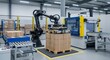 © Liew - Industrial robotic arm automating palletizing of boxes in a modern factory setting for efficient logistics and manufacturing.