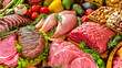 © Tahsin - Variety of raw meats and poultry with fresh herbs and vegetables for healthy