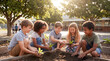 © Aurora Aesthetics - diverse children friendship gardening school teamwork nature closeup with group of kids planting seedlings together suggesting inclusion cooperation sustainability education and community activity