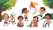 © MDSAJU - Group of happy diverse children playing and dancing together outdoors in summer Vector