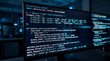 © solom - Network firewall configuration and cyber security programming code on computer screen in dark office showing python script for threat detection and data encryption protection