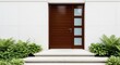 © Sayfar - A sleek dark wood entrance door with frosted glass panels set in a minimalist white concrete facade featuring stone steps and garden plants, plants, stylish, wood