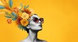 © suraiya - Creative Woman's Portrait with Floral Headpiece and Sunglasses Against a Vibrant Yellow Background