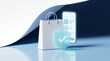 © solom - Secure mobile shopping concept with white paper bag and smartphone featuring a glowing blue digital shield with check mark icon for protected e-commerce transactions and privacy