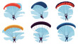 © Tumpa - Various paragliders with brightly colored parachutes soaring through a clear blue sky with fluffy white clouds in circular icons.