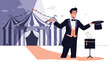 © Tumpa - Smiling magician in a tuxedo and bow tie performing a classic magic trick with a rabbit appearing from a black top hat in front of circus tents.