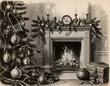 © Graphic Nexus Hub - Vintage black and white illustration of a christmas tree and fireplace with presents