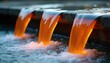 © Pete - Orange liquid streams pour from concrete edge into frothy water below. Industrial runoff suggests pollution chemical process at factory. Environmental issues, water contamination themes evident.
