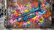 © David - Vibrant graffiti art featuring a blue trumpet and musical notes spray-painted on a brick wall in an urban alleyway