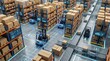 © David - Automated warehouse with forklifts, conveyor belts, and digital displays showing data, representing logistics and technology