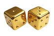 © devdesignnotes - Pair of gleaming metallic gold game dice, beautifully rendered in 3d, representing risk, opportunity, and the thrill of chance, isolated for card game design 
