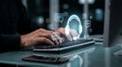 © IMAGES HUB - Professional customer support representative typing on a modern keyboard with glowing blue holographic headset and chat bubble icons representing digital communication services