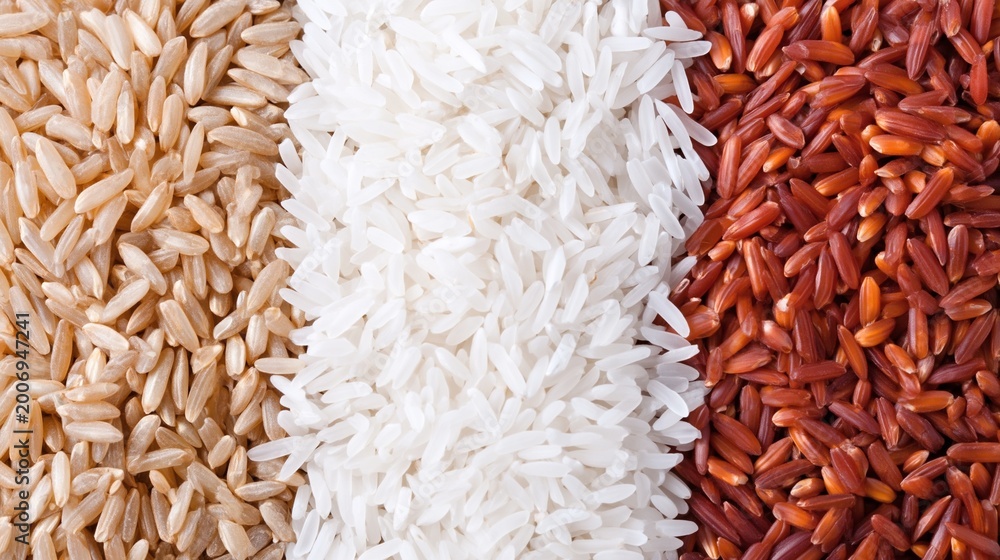 Three types of raw rice grains displaying brown, white, and red ...