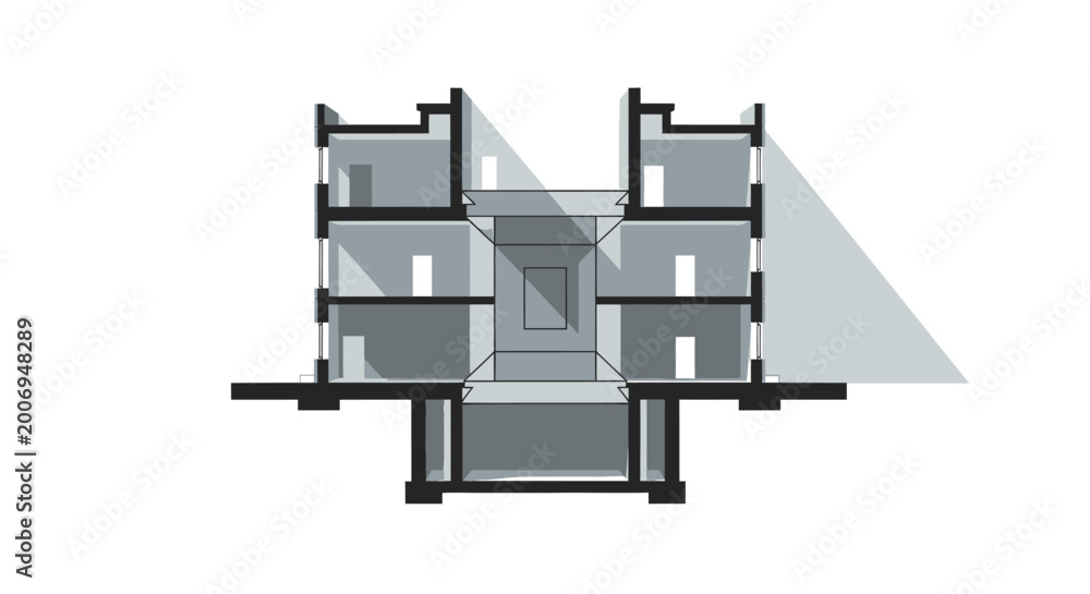 Modern Architectural Section View of Multi-Level Building with Central ...