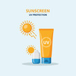 © NuriAlam - Sunscreen tube and bottle with sun icons for UV protection concept.