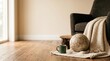 © velikiyzayats - Nostalgic retired athlete home interior, vintage soccer ball with coffee mug and knit blanket