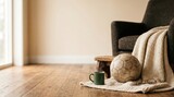 Nostalgic retired athlete home interior, vintage soccer ball with coffee mug and knit blanket