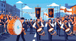 © hanz - A lively parade procession with musicians playing drums marches through a crowded street festival.
