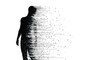 © Sher - Human silhouette dissolving into digital binary code particles on a clean white background for conceptual art