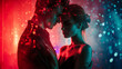 © arayabandit - A romantic young couple stands close together in a cinematic atmosphere filled with red and blue neon lights bokeh effects and emotional intimacy for love.