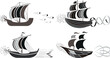 © jesmin - Set of four sailing ships with motion lines and abstract wave effects in shades of gray