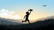 © fdp - Commemoration of Child Victims of War child running through a grassy field, holding a toy airplane high against the vibrant backdrop of a setting sun, symbolizing dreams and freedom
