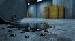 © Pixels Stock - Oil spill leaking from a barrel onto concrete floor in industrial warehouse with stacked metal and yellow barrels suggesting environmental pollution and hazard.