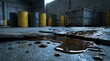© Pixels Stock - Oil spill leaking from a barrel onto concrete floor in industrial warehouse with stacked metal and yellow barrels suggesting environmental pollution and hazard.