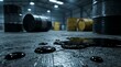 © Pixels Stock - Leaking drums of black liquid industrial oil spill on concrete floor hazardous waste chemical substance inside warehouse atmosphere.