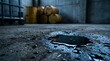 © Pixels Stock - Leaking drums of black liquid industrial oil spill on concrete floor hazardous waste chemical substance inside warehouse atmosphere.