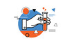 © Afroza - Creative illustration of a hand holding a glass test tube filled with orange liquid against blue and orange abstract shapes.
