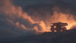 © Лилия Захарчук - Gigantic mining dump truck driving through rugged terrain at sunset, surrounded by swirling dust clouds