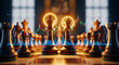 © JANSSENS LUCAS DAAN - Chess pieces on board with financial stock market data overlays. Glowing king and queen represent strategic leadership and investment success. Concept for business strategy and trading analysis.