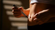 © NIELSEN FRUJA - Woman injecting medicine into her abdomen with a pen. Patient performing self-care for chronic illness management. Diabetes and hormone therapy concept for medical marketing.
