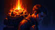 © CHLOÉ ANNE-MARIE - Exhausted man carrying a backpack filled with burning coals and fire. Digital illustration of a crying person struggling under a heavy burden. Mental health concept for stress and burnout.