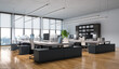 © vipman4 - Modern open space office interior with minimalist design, workstations with computers and ergonomic chairs, wooden floor and large panoramic windows with city view. 3D illustration