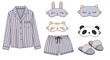 © Clark - Cute collection of sleepwear items including striped purple pajamas, slippers, and animal themed sleep masks like a panda and cat.