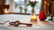 © 曦 王 - peter. Saint Peter key with candle and rose on linen table. symbolizing life milestones and joyful moments, event programs, designed for cultural heritage projects and event programs.