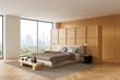 © ImageFlow - Modern minimalist bedroom interior with wood panel walls, large windows overlooking city skyline, neutral decor and serene atmosphere. 3D Rendering