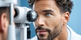 Close-up of a man's eye undergoing an eye exam with a slit lamp microscope