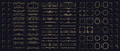 © Tartila - Golden calligraphic frame set with filigree corners and decorative scrolls on black background. Vintage vector ornate dividers, ornament wreaths, floral frames, border corners with linear flourishes