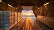 © 69 - Warm Sunset View from Inside a Large Cargo Aircraft with Stacked Pallets and Scenic City Background