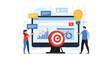 © Ruhul - Creative business search and strategy on a monitor feature a large lightbulb idea, a search bar, a target, and data charts.