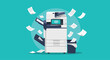 © Kajol - Large office photocopier machine surrounded by flying white sheets of paper and a recycling bin on a vibrant teal background.